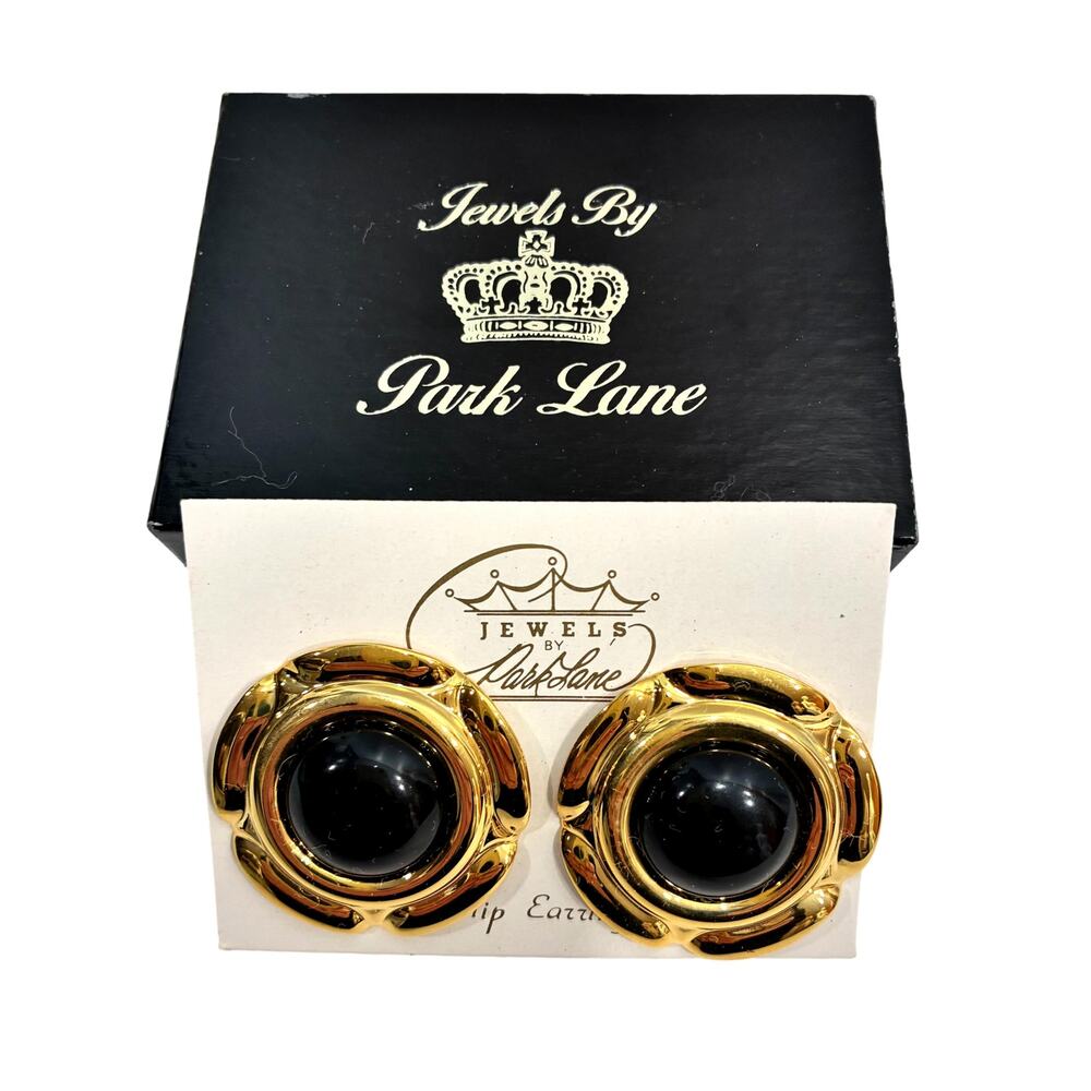 Vintage Park Lane Gold Tone Black Dome Clip-On Earrings NOS 80s Statement